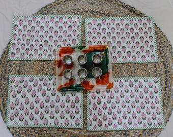 Hand Block Print Cotton Placemats: Floral Table Decor, Set of 2