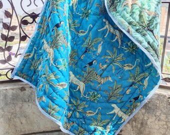 Hand-Blocked Safari Animal Quilt Set - Luxury Cotton Jungle Bedding - Unique Housewarming Gift - Kids Room Decor