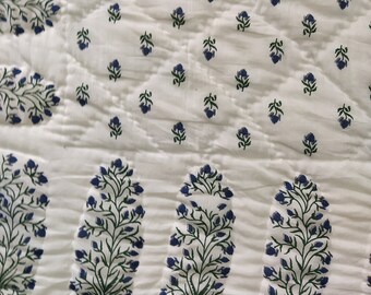 Hand Block Print Cotton Quilt: Jaipuri Floral Razai, Queen Size