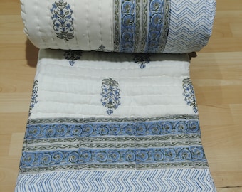 Handmade Queen Kantha Quilt: Indian Block Print Cotton Bedspread