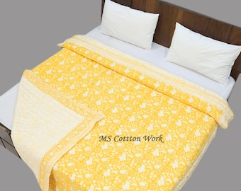 Handmade Block Printed Cotton Quilt: Reversible Floral Bedding