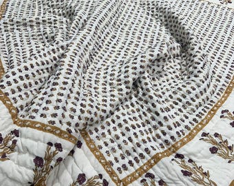 Maroon Mustard Floral Hand Block Print Quilt, Indian Cotton Jaipuri Razai, Reversible Bedspread