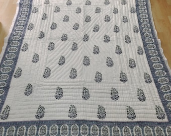 Cotton Kantha Quilt: Indian Hand Block Printed Blanket Throw