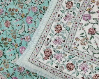 Hand Block Print Cotton Quilt: Jaipur Kantha, Reversible Warm Throw