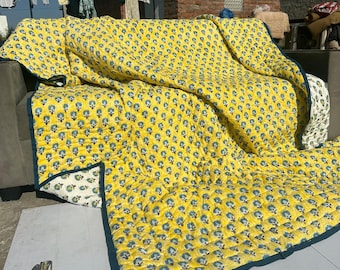Hand Block Print Quilt, Jaipuri Razai, Reversible Cotton Bedspread, Boho Floral Mustard Purple