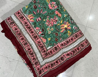 Hand Block Print Cotton Quilt: Floral Design, Queen Size