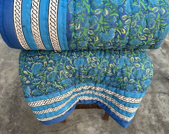 Hand Block Print Cotton Quilt: Jaipuri Reversible Razai