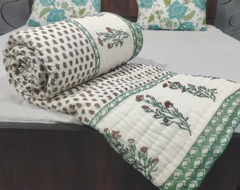 Sage Green Floral Hand Block Print Quilt, Reversible Indian Jaipuri Razai