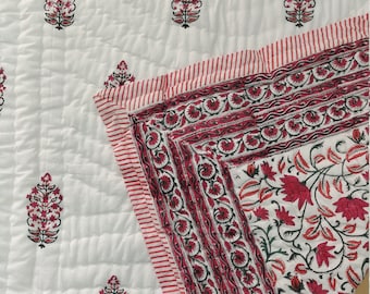 Handmade Indian Block Print Cotton Quilt: Jaipur Razai, Reversible Twin Blanket