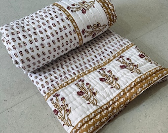 Hand Block Printed Cotton Quilt: Reversible Jaipuri Queen Bedding