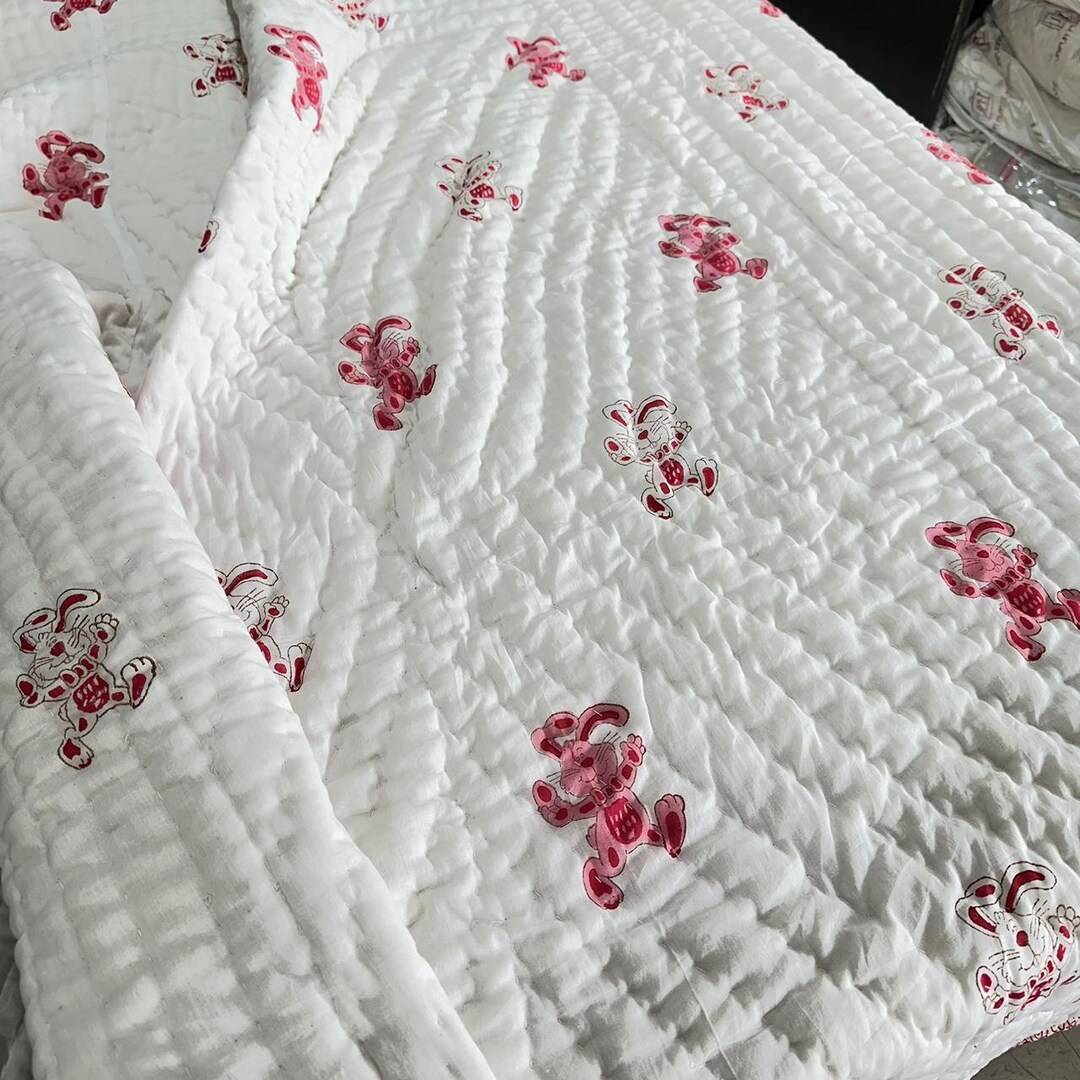 Crib Block Set Hand Block Printed Crib Quilt Set: Pink Rabbit Design, Malmal Cotton - Etsy