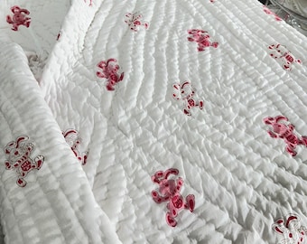 Hand Block Printed Crib Quilt Set: Pink Rabbit Design, Malmal Cotton