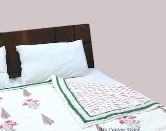 Floral Cotton Block Print Quilt: Hand Stitched Indian Bedspread