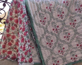 Hand Stitched Queen Quilt: Green & Pink Floral Block Print Cotton Bedding