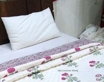 Hand Block Printed Cotton Quilt: Bohemian Floral Bedspread, Queen Size