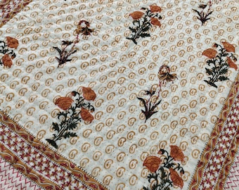 Hand Block Print Cotton Quilt: Floral Handmade Queen Bedspread