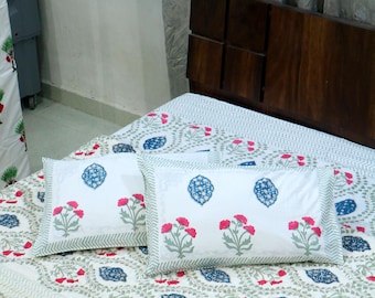 Hand Block Print Cotton Quilt Set: Jaipuri Floral Bedding with Pillow Covers