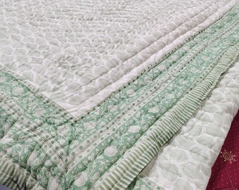 Hand Block Print Quilt: Green Leaves, Boho Reversible Blanket