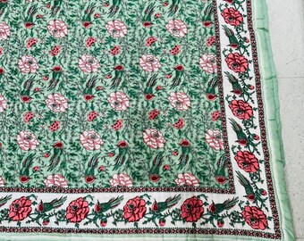 Green Floral Block Print Cotton Quilt: Hand-Stitched Reversible Bedding