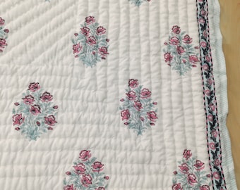 Hand Block Print Cotton Quilt: Floral Jaipuri Bedding Throw