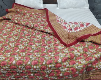Red Floral Hand Block Print Quilt: Reversible Kantha Stitched Cotton Bed Cover