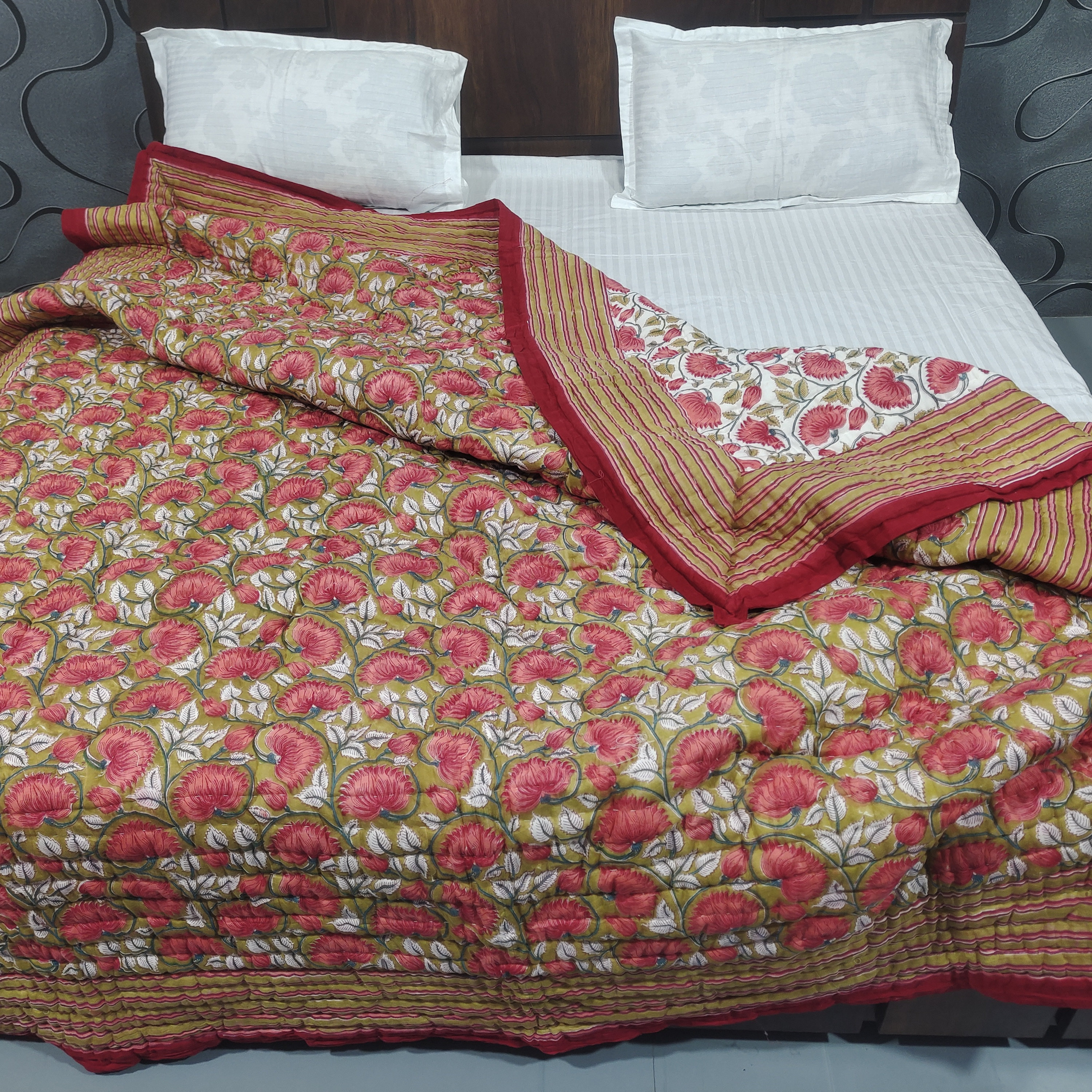 Red Floral Hand Block Print Quilt, Cotton Reversible Kantha Hand