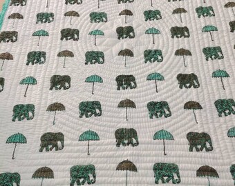 Hand Block Printed Elephant Quilt: Reversible Cotton Queen Bedding