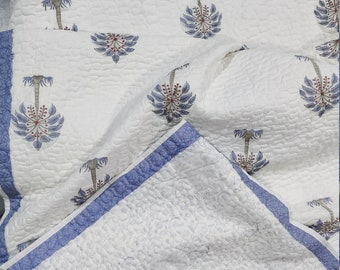 Palm Tree Quilt, Reversible Hand Block Print Cotton Bedcover, Queen Size