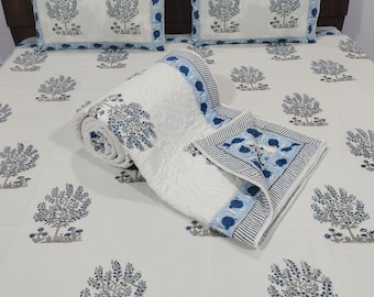 Hand Block Print Cotton Quilt Set: Reversible Bedding with Pillow Covers