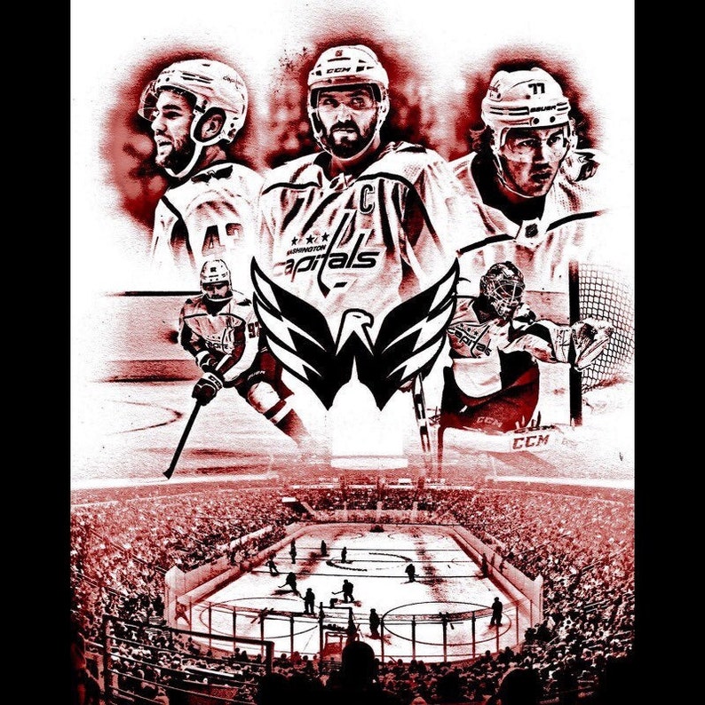 May include: A red and white digital illustration of three hockey players wearing Washington Capitals jerseys. The players are in front of a red and white illustration of a hockey arena with a crowd of fans. The Washington Capitals logo is in the center of the image.
