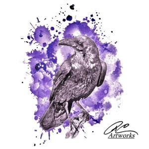 May include: A black raven with a purple watercolor background. The raven is perched on a branch with its wings spread out. The background is a splatter of purple paint.