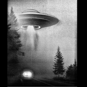 May include: A black and white photograph of a flying saucer hovering over a road with a car driving towards it. The saucer is emitting a bright light beam. There are trees on either side of the road.