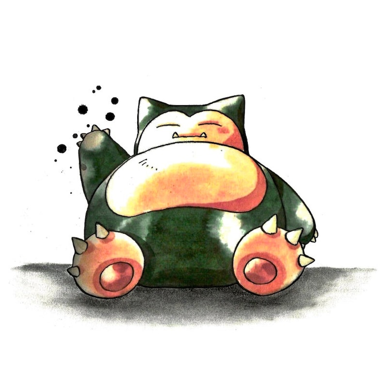 May include: A cartoon illustration of Snorlax, a green and orange Pokemon, sitting with its eyes closed. The Pokemon is drawn in a simple style with black outlines and watercolor shading.