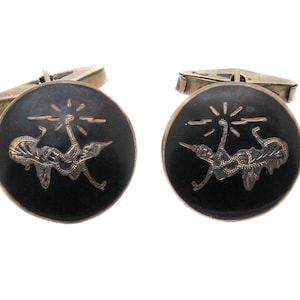Vintage Sterling Silver 925 Black and Silver Enamel Siam Goddess Round Cufflinks