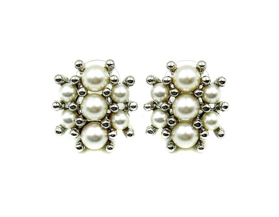 BR Signed White Pearl Cluster Earrings Silvertone - image 1