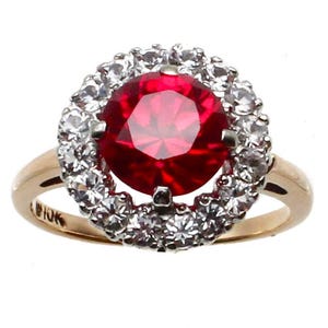 Vintage Style 10K Gold Halo Ring, Lab Created Red Ruby Round Cut, Two Tone Gold Size 5.5, Antique Style Estate Ring