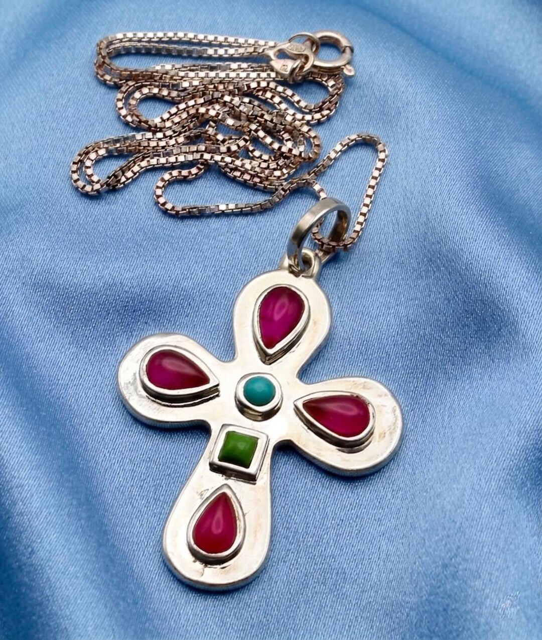 Vintage Barse Sterling Silver Multi Stone Cross Pendant Necklace — Pink ...