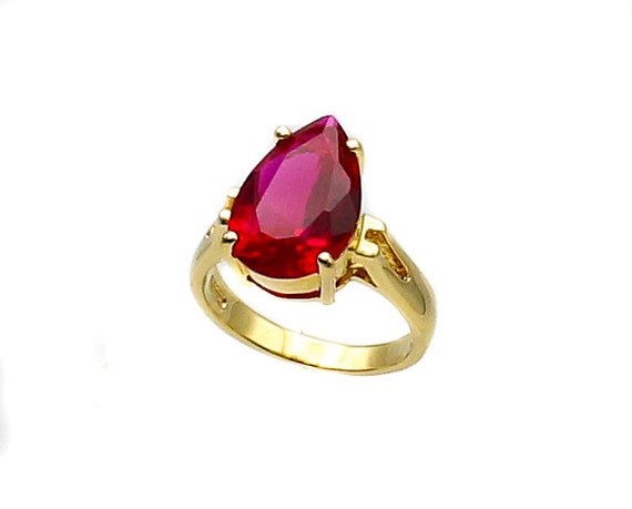 Pear Cut Lab Ruby Ring: 14K Gold Plated Sterling … - image 2