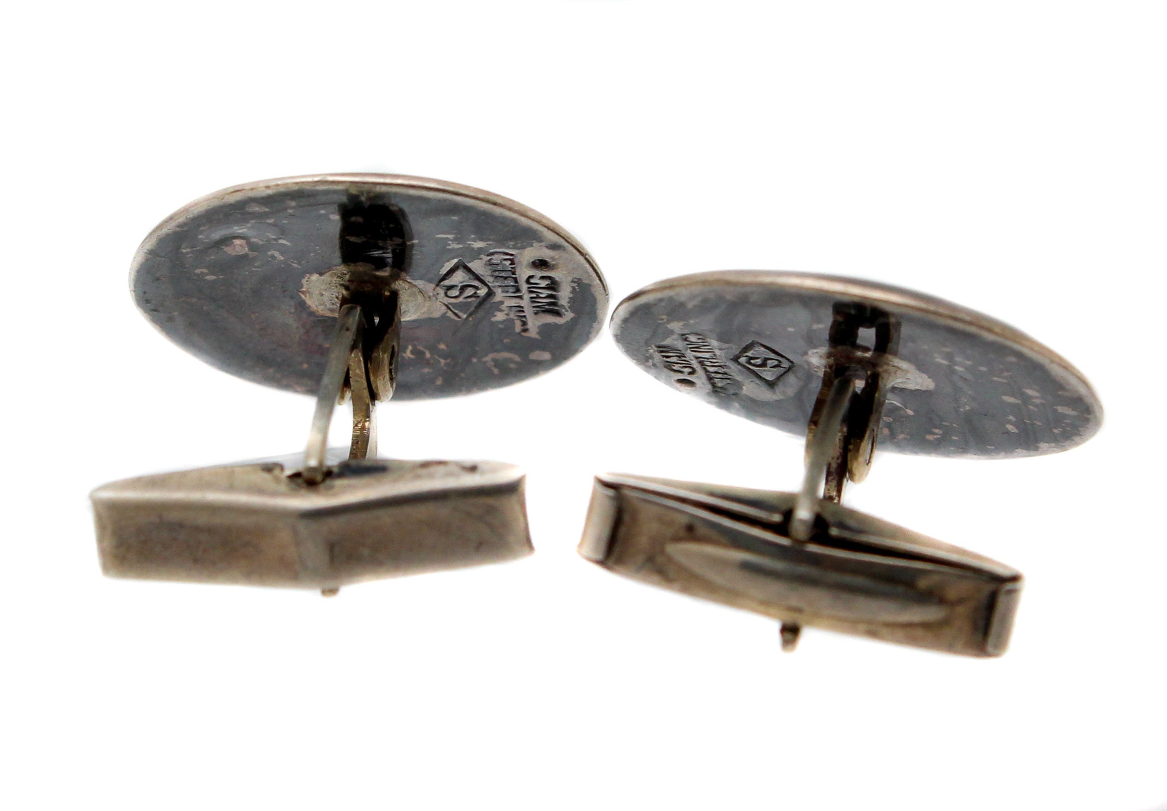 Boutons De Manchette Ronds - Métal Noir Et Argent - Fantaisie Imitation - Occasion