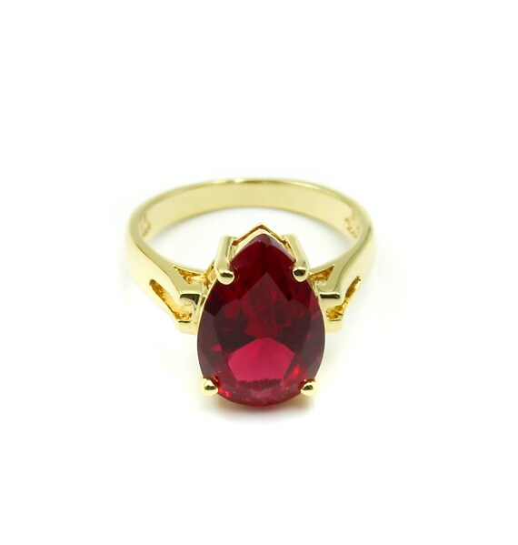 Pear Cut Lab Ruby Ring: 14K Gold Plated Sterling … - image 9
