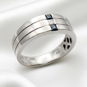 Square Blue Sapphire Engagement Ring: Diamond Accent, 14K White Gold, Size 10