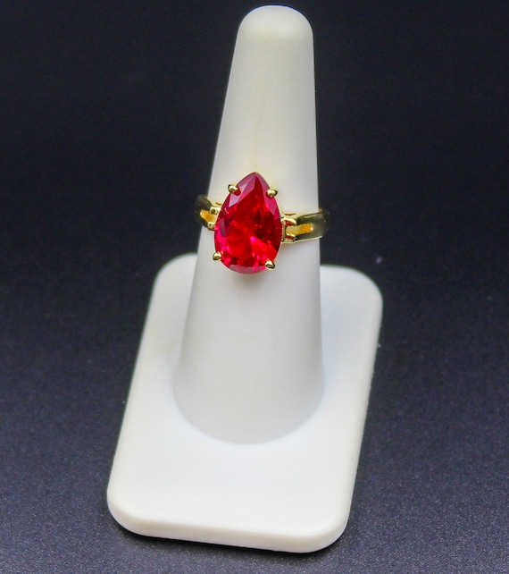 Pear Cut Lab Ruby Ring: 14K Gold Plated Sterling … - image 1