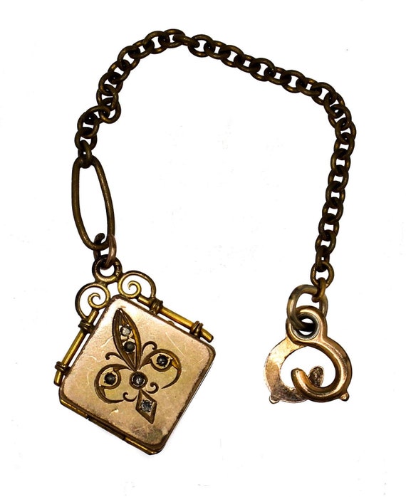 Antique Gold Filled Fleur De Lis Locket Watch Chain SKM Co