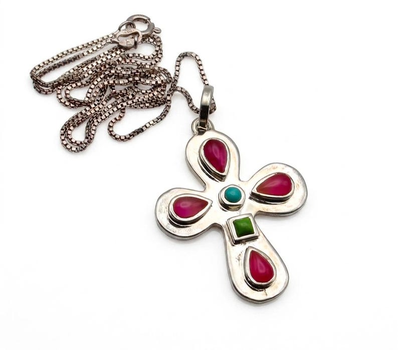 Vintage Barse Sterling Silver Multi Stone Cross Pendant Necklace — Pink ...