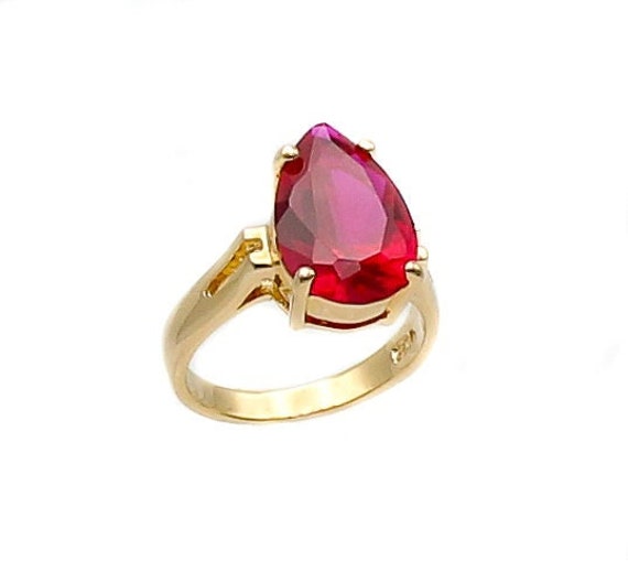 Pear Cut Lab Ruby Ring: 14K Gold Plated Sterling … - image 3