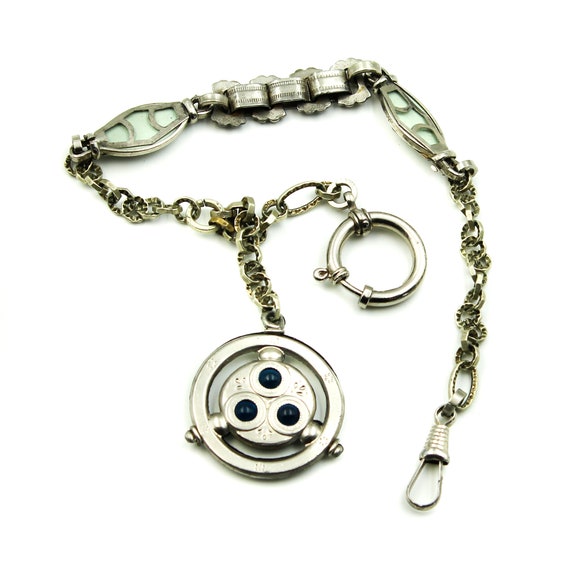 1920's White Metal Blue Glass Round Fob Pocket Wa… - image 1