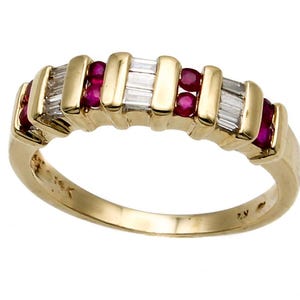 Signed K’s Estate 14K Gold Ruby & Baguette Diamond Ring – Designer Fine Jewelry Size 6.5
