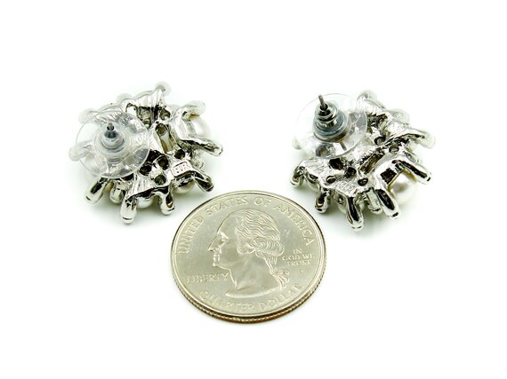 BR Signed White Pearl Cluster Earrings Silvertone - image 2
