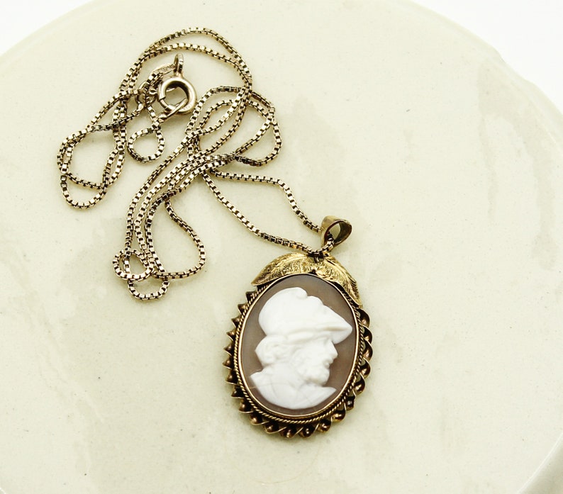 ART DECO 10k Yellow Gold Bezel Cameo Men Face Pendant with 925 Box Link Sterling Necklace 18