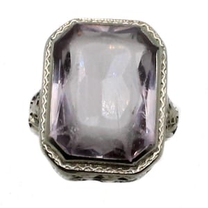 Antique Art Deco 14K White Gold Filigree Amethyst Ring Emerald Cut Size 3.5,  1920s Estate Jewelry Pinky Ring